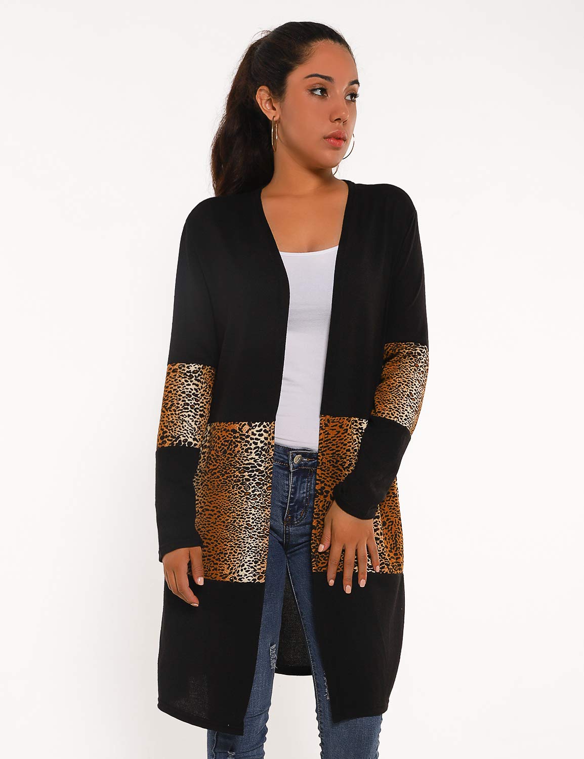 Blooming Jelly Womens Lightweight Open Front Cardigan Knit Long Sweater Leopard Pockets Knitwear (Medium, Black)