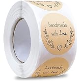 Handmade with Love 500 Pcs Baking Kraft Paper Heart Shape Labels for Packaging, Envelope Seals, Small Business, Wedding, Birthday, Party Gift Wrap