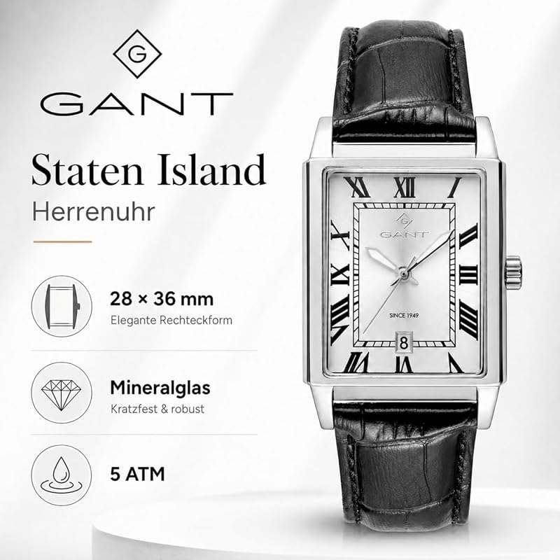 G197001 Staten Island - Reloj de Pulsera para Hombre, Caja de Acero Inoxidable, Correa de Piel Negra con Aspecto de cocodrilo, Movimiento de Cuarzo japonés, Fecha, 5 ATM