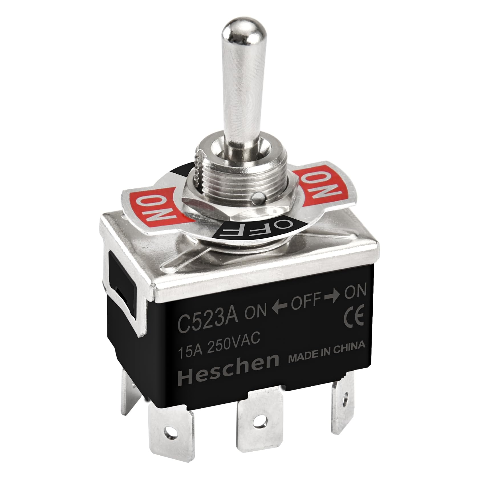 Heschen Metal Toggle Switch, C523A, DPDT, Maintained, ON/OFF/ON 3 Position, 15A 250VAC, 6 Tab Terminal, CE