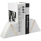 Natural Marble Bookends for Shelves, Decorative Book Ends for Heavy Books, Heavy Duty Mid Century Modern White and Gold Stone Book Holders with Brass Inlay, Unique Bookshelf Stopper Decor, Set of 2