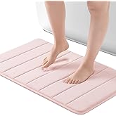 ROSMARUS Memory Foam Bath Mat 17” x 24”, Water Absorbent Bath Mats for Bathroom, Non Slip Washable Bathroom Rugs for Shower, Ultra Soft Bathroom Mats for Floor & Tub, Pink