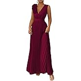 OYOANGLE Women's 3D Floral Appliques Pleated Dress Wrap Deep V Neck Elegant Flared Long Dresses