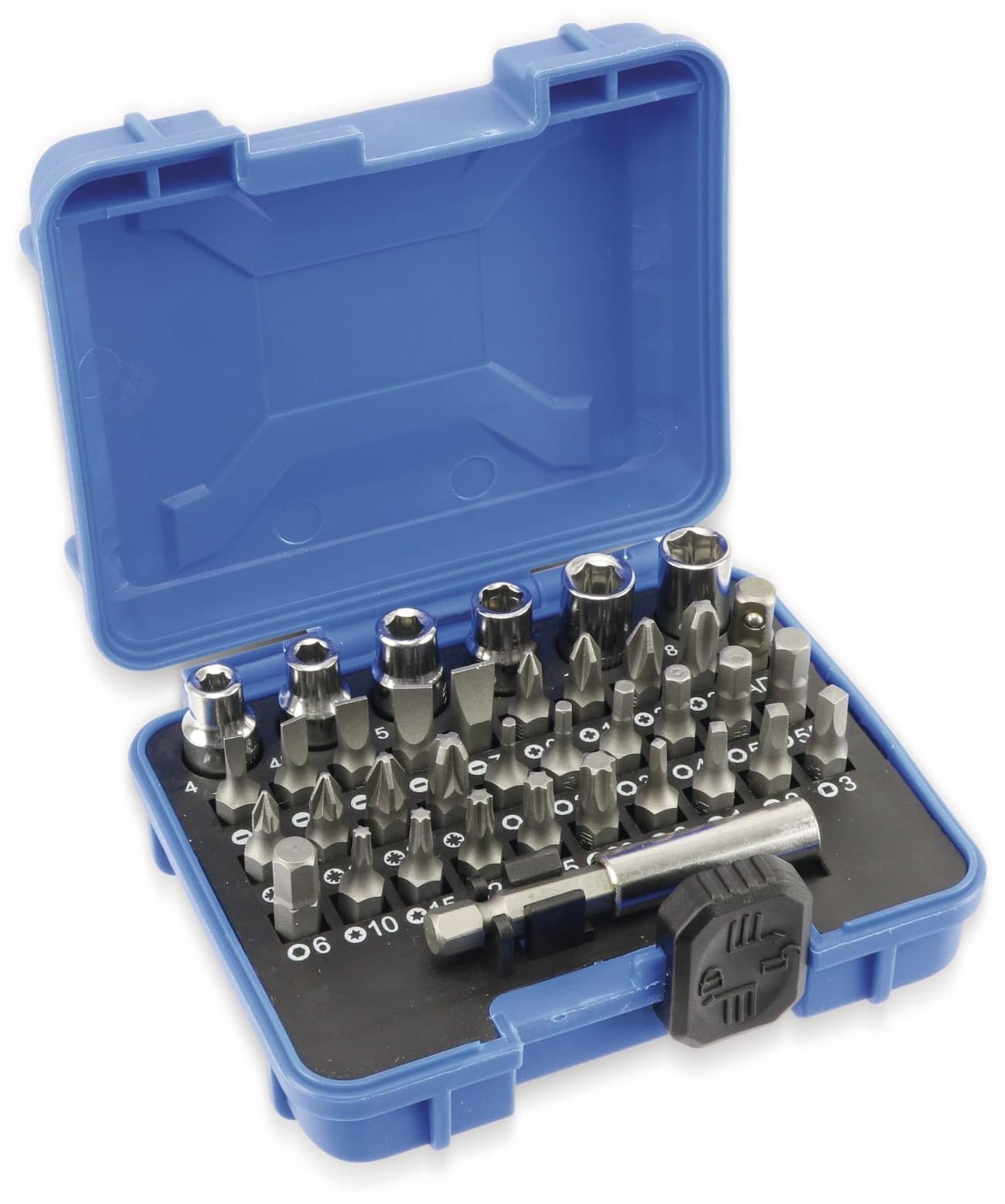 Kinzo 37-Piece Bit Set - Socket Set for Ratchet Screwdriver - Incl. Storage Box - Phillips, Triangular, and Hex Screwdrivers - Plastic/Steel - Blue/Black