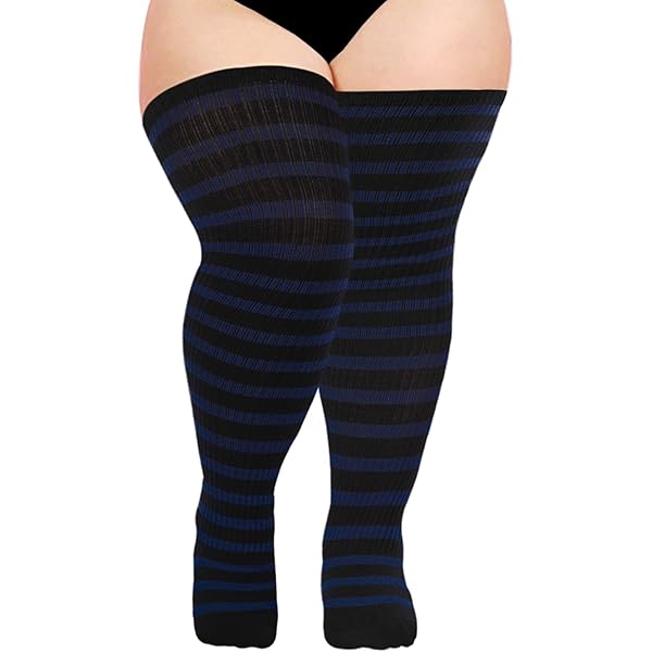 DRESHOW Plus Size Thigh High Socks - Striped Over Knee Stockings, 3 Pairs, Acrylic/Spandex/Nylon Blend