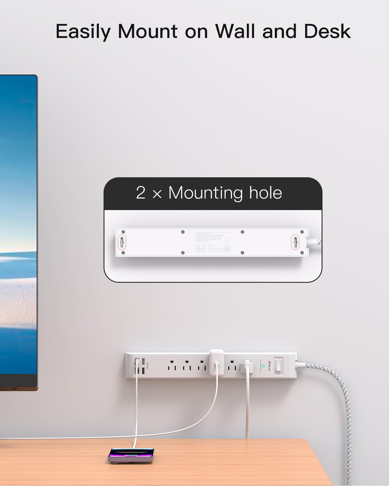 Surge Protector Power Strip 10 ft with 4 USB Ports 2 USB-C 6 AC Outlets, Flat Plug Extension Cord, USB Charging Station, Wall Mountable for Home, Office, Dorm Essentials, 1080J, ETL Listed