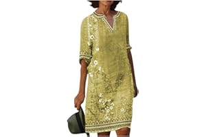 SGASY Sundresses for Women 2024 Cotton Linen V Neck Tunic Dress Half Sleeve Vintage Floral Printed Casual Summer Dress