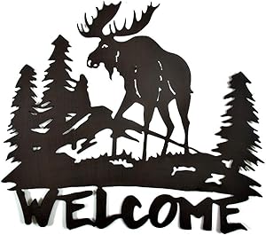 Mayrich Rustic Brown Moose Silhouette Welcome Sign, Decorative Cut Out Metal Wall Art, Home Décor Plaque for Cabin, Camp, Lakehouse or Mountain Chalet