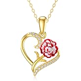 SISGEM 14K Real Gold Heart Pendant Necklace for Women,Yellow Gold Moissanite Carnation Flower Necklaces Mother's Day Birthday Gifts for Mom Grandma Wife