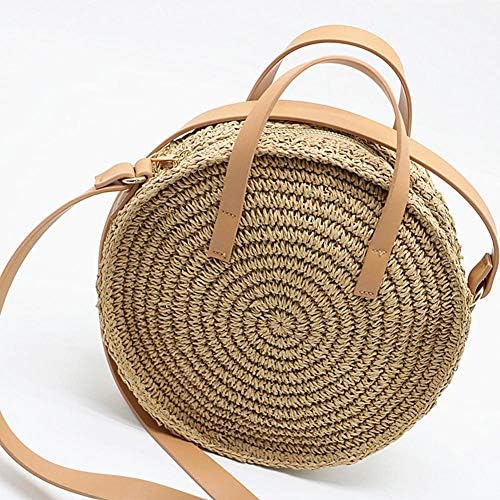 raninnao Rattan Shoulder Bag Handwoven Round Handbag Women's Straw Bag Circle Handwoven Beach Bags Diameter 26 cm Camel