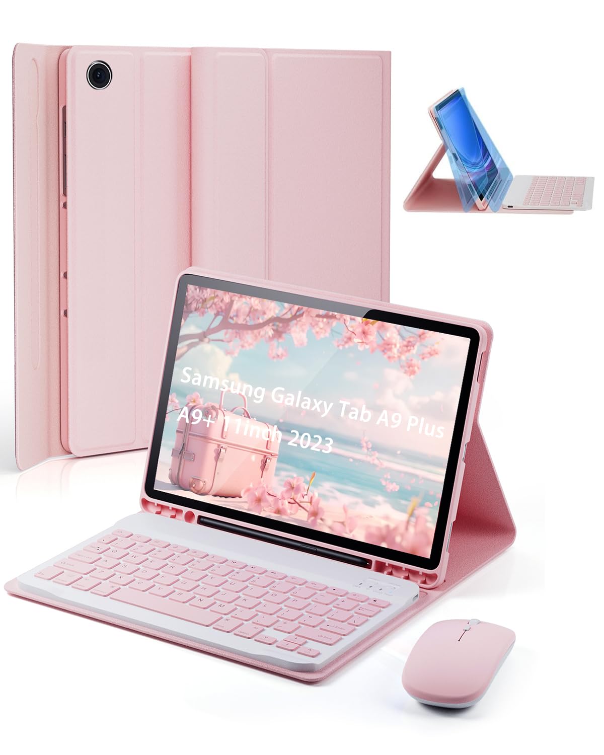 Photo 1 of TUNKARMOR Case Keyboard for Samsung Galaxy Tab A9 Plus / A9+ 11inch 2023 - Mouse and Detachable Magnetic Keyboard, Slim Case with S Pen Holder, Auto Sleep/Wake (Pink)