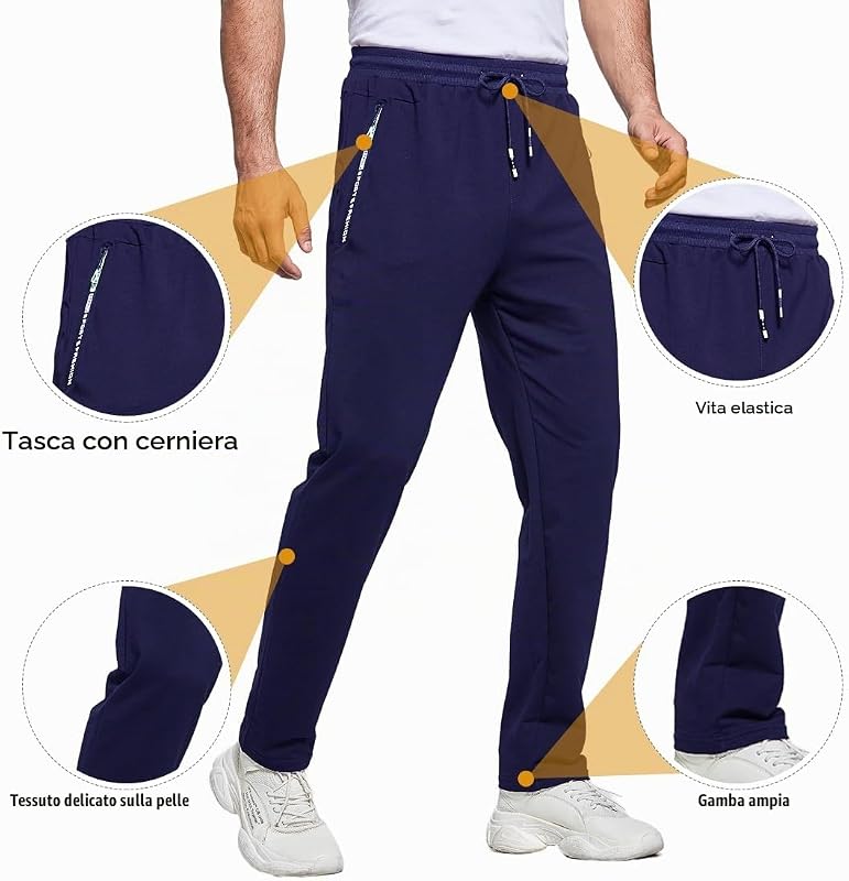 Pantaloni Sportivi Uomo Cotone Pantaloni da Jogging Sportivo Pantaloni di Tuta Slim Fit con Tasche Zip Blu L