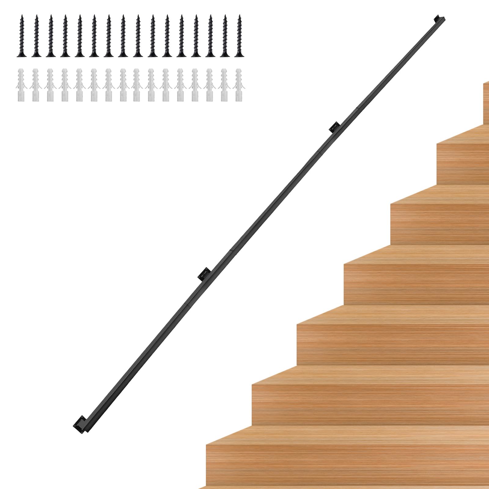 Photo 1 of 12FT Stair Handrail, Wall-Mounted Square Staircase Handrail, Stair Railing for Indoor & Outdoor Steps, Non-Slip Metal Steel Grab Bar for Stairs, Loft, Porch