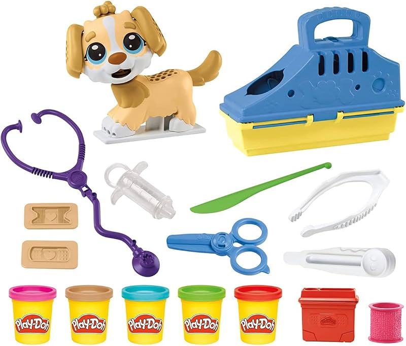 Coffret Le Cabinet Vétérinaire, Mallette Transportable avec Chien, 10 Outils et 5 Pots de Pâte à Modeler Atoxique, Jouet Créatif pour Enfants dès 3 Ans