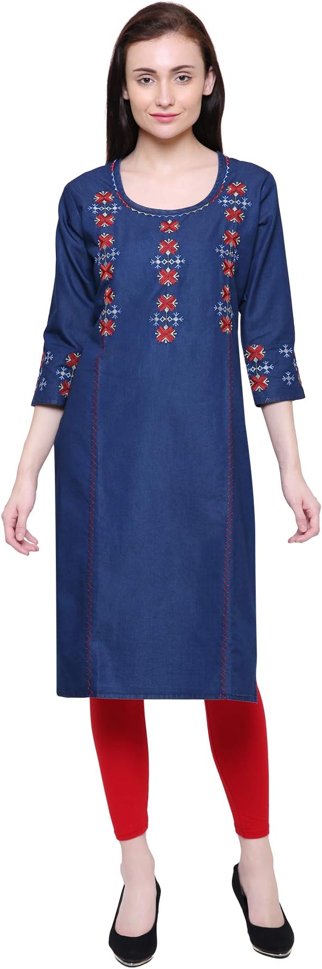 Women's Straight Kurta/Kurti Denim Fabric with Red and Sky Colour Flower Embroidered Work Round Neck Dark Blue
