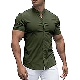 URRU Men's Muscle Dress Shirts Slim Fit Stretch Banded Collar Long&Short Sleeve Casual Button Down Shirt