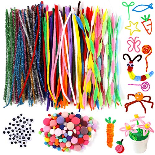 Pipe Cleaners Set, 500PCS Craft Supplies with Chenille Stems Pom Poms Self-Sticking Wiggle Googly Eyes Assorted Colors and Assorted Sizes for DIY School Art Project
