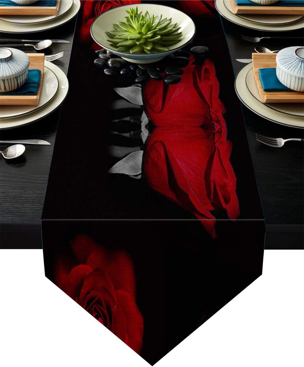 Fandim Fly Dining Table Runner 18 x 72 Inch, Glam Fire Red Rose and Black Background Table Runners for Morden Stylish Wedding Party Holiday Table Setting Decor