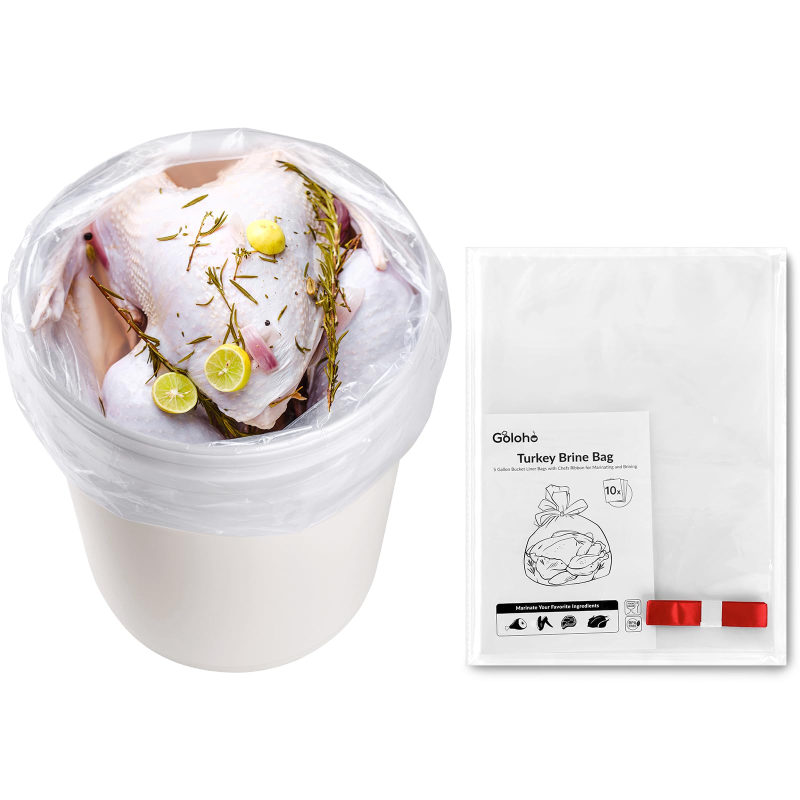 View 1 of 10 Pack Turkey Brine Bag, 5 Gallon Brine Bucket Liner Bag with Chefs Ribbon for Marinating and Brining, 19.6'' x 27.5'' Leak Proof Extra Heavy Duty Brining Bags for Turkey, BUCKET NOT INCLUDED