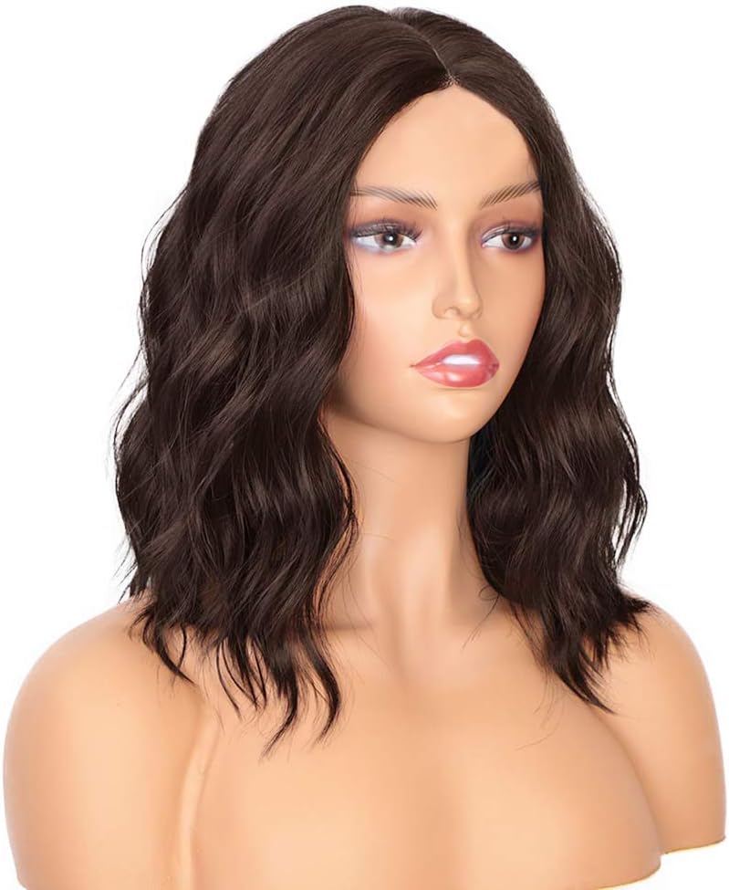 PORSMEER Short Wavy Curly Synthetic Hair Bob Wigs for Women Realistic Natural Wigs With Wig Cap for Ladies Cosplay Costume Party Daily Use(14 inch,Dark brown) - Image 3
