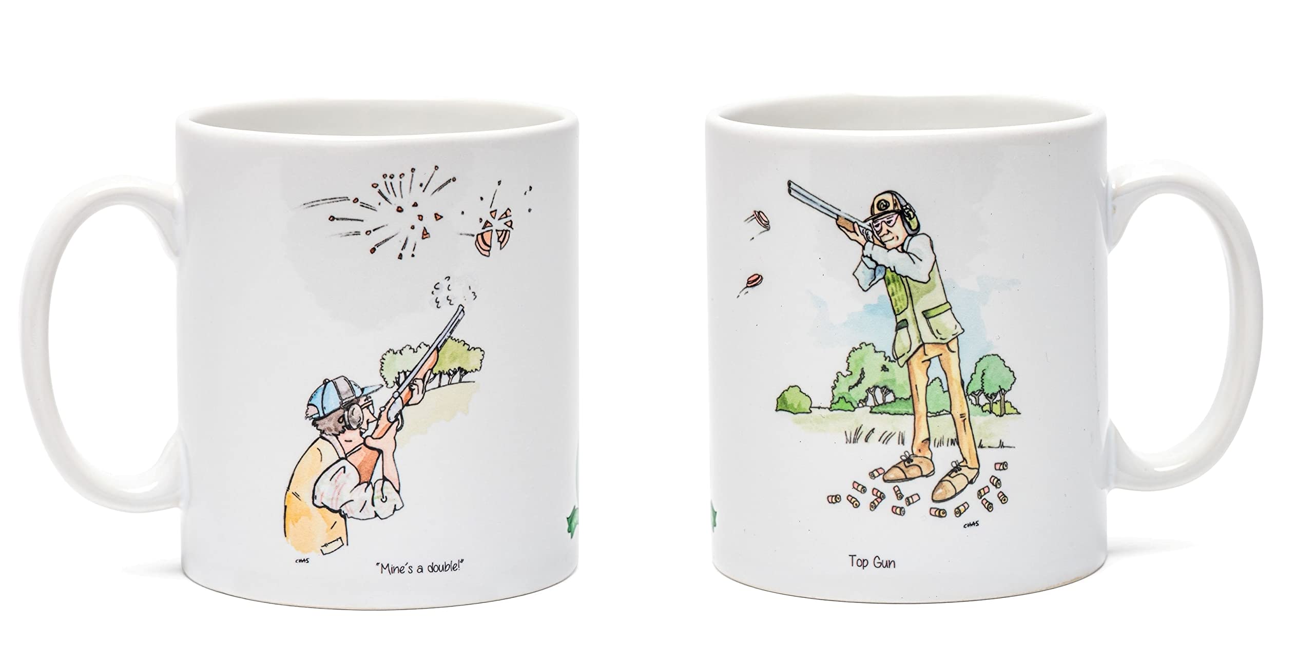Farm Cottage Brands Clay Pigeon Shotgun Shooting Mug featuring our Mine's a Double and Top Gun pictures. Dishwasher and microwave safe (AC041)
