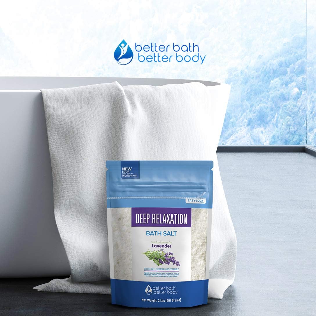 Deep Relaxation Bath Salt 32 Ounces Epsom Salt with Natural Lavender Essential Oil Plus Vitamin C in BPA Free Pouch with Easy Press-Lock Seal: Health & Personal Care
