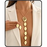 Gold Statement Necklace Earrings Set, 2PCS Chunky Geometric Long Y Necklace | CCB Asymmetrical Ellipse Pendant Set with Matching Drop Earrings for Women Smooth Finish Lightweight Bold Jewelry