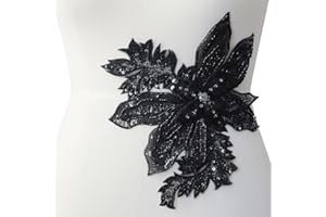 HHQ Beaded Sequin Flower Applique for Dress Waist Sew on Floral Patches Black Gold White Crystal Beads Bodice Accessory for Wedding Dresses DIY Decorative Clothes (Black)