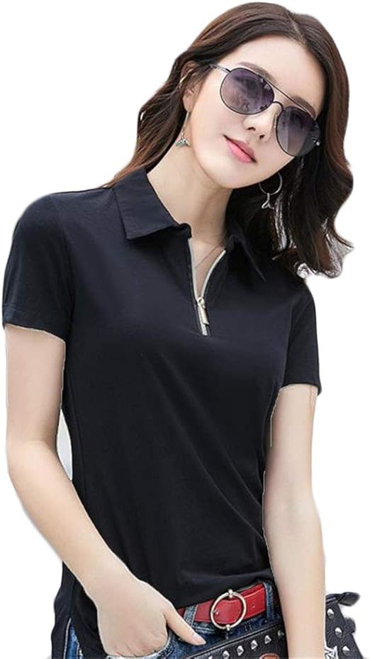 Amazon フッカツ ポロシャツ スリム Tシャツ レディース トップス 半袖 ゴルフウェア おしゃれ Uvカット テニス トレーニング Vネック 襟付き ファスナー付き 通気 速乾 通勤 夏 ポロシャツ 通販