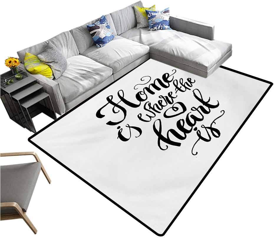 Home Sweet Home Non Slip Carpet Home is Where The Heart is Quote Hand Written Style Monochrome Design Kids Carpet Black White (6'x8')