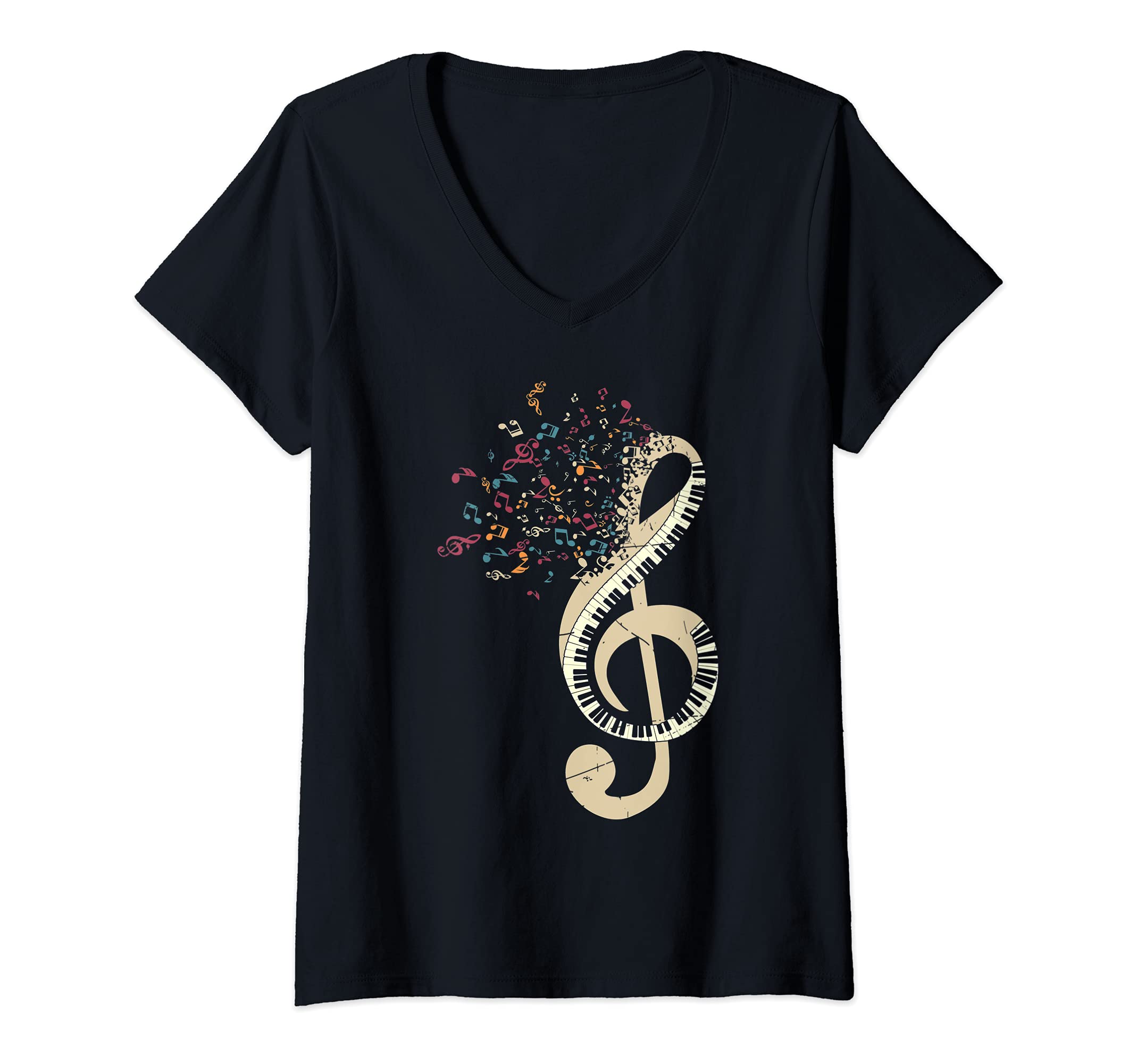 Womens Pianist Classical Instrument Treble Clef Keyboard Piano V-Neck T-Shirt