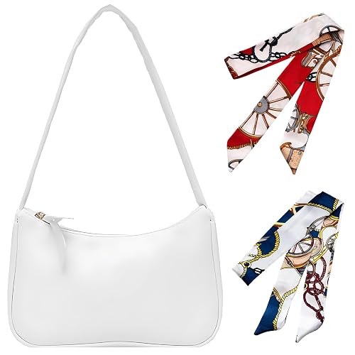1PCS White Handbags for Women, White Shoulder Bag, Two Pieces Of Silk Scarves, Fashion Shoulder Bag Small Clutch Bag, for Teenage Girls & Women