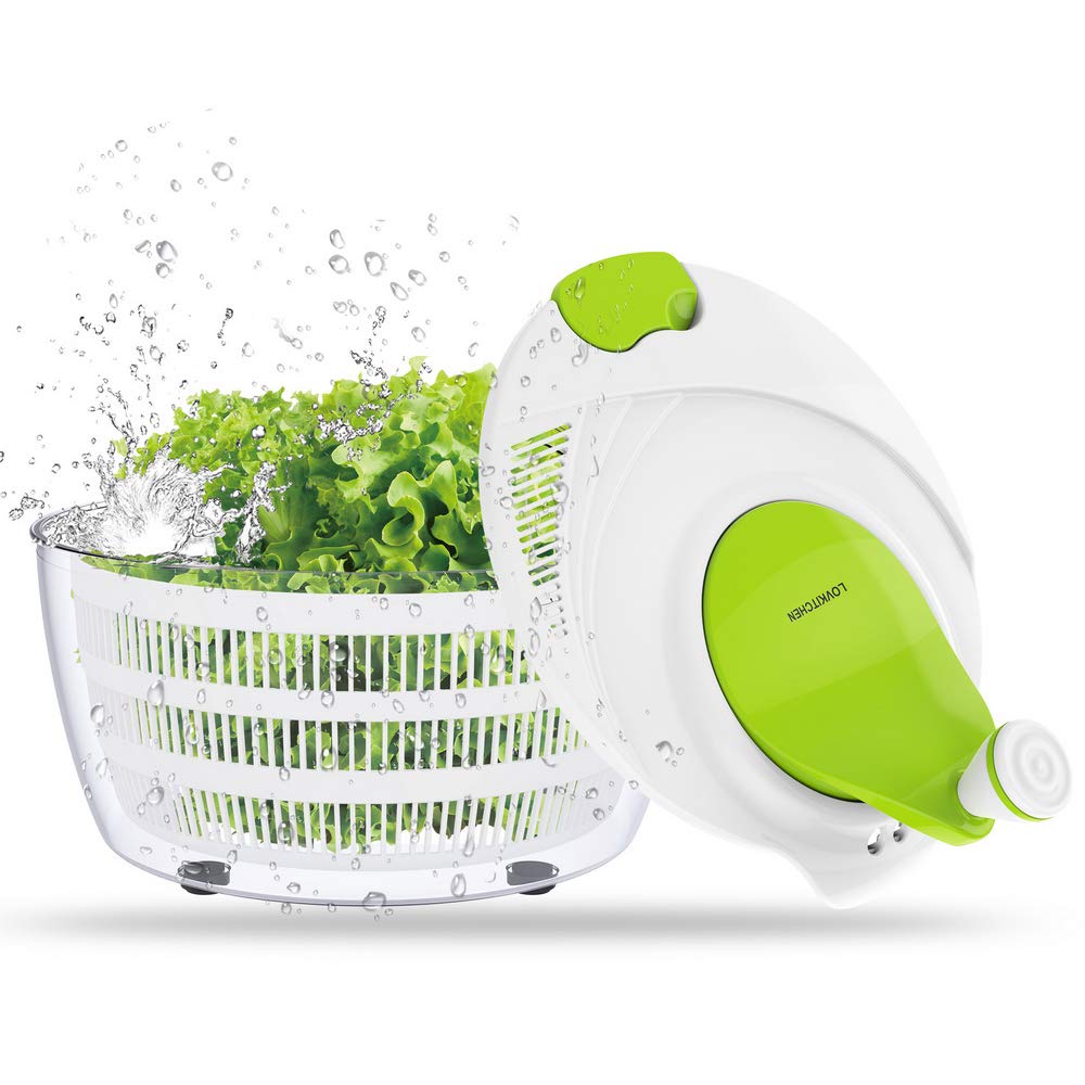 LOVKITCHEN Plastic Kitchen Large Salad Spinner - 4 Quarts Fruits and Vegetables Dryer Quick Dry Design BPA Free Dry Off & Drain Lettuce and Vegetable - Green-White