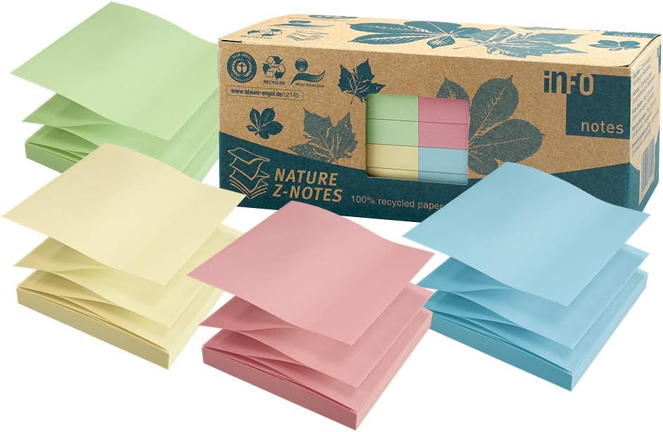 100% Recycled Sticky Notes Pastel Mix 75 x 75mm Blue Angel Certified 100 Sheets per Pad 12 Pads Packed in Recycled Box