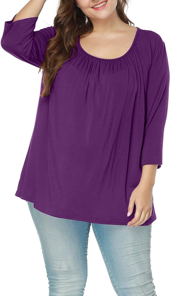 Allegrace Women's Plus Size Tops Casual Collar 3/4 Sleeve T Shirts Ruched Blouses Loose Tee Top 