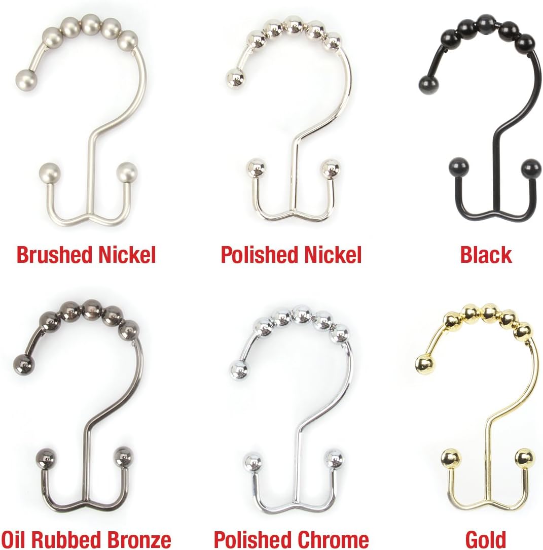 2lbDepot Double Shower Curtain Hooks Rings (Brushed Nickel, Satin Decorative Finish) Premium Rust Resistant Stainless Steel Metal Hook, Roller Balls Glide on Shower Rods, Set of 12: Home & Kitchen