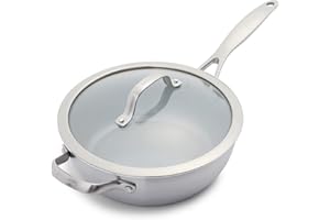 GreenPan Venice Pro Tri-Ply Stainless Steel Healthy Ceramic Nonstick 3QT Chef Saute Pan with Helper Handle and Lid, PFAS-Free