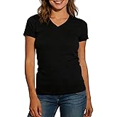 KikizYe Women's Breathable Cotton V Neck T-Shirt Short Sleeves Solid Color Tee Summer Fashion Tops Tees Women Basic Tees