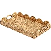 StorageWorks Large Wicker Scalloped Edge Serving Tray, Rectangle Tray with Built-in Handles, Hand-Woven Scalloped Rattan Tray, Wicker Trays for Décor, Natural Water Hyacinth