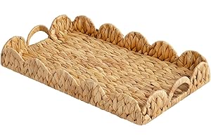 StorageWorks Large Wicker Scalloped Edge Serving Tray, Rectangle Tray with Built-in Handles, Hand-Woven Scalloped Rattan Tray