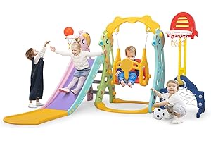 NYEEKOY 6 in 1 Toddlers Slide and Swing Playset for Children Age 3-12, Freestanding Kids Slide Climber Playset Indoor Outdoor Playground with Basketball Hoop and Football Gate
