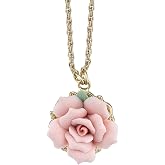 1928 Jewelry Genuine Porcelain Rose Pendant Necklace For Women 16" + 3" Extender, Handmade Flowers, Timeless Floral Jewellery