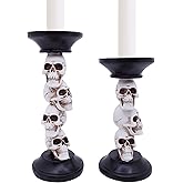 Etistta Halloween Skull Candle Holder for Fireplace Decorations, 9.5 Inch Tall Polyresin Candlestick Holders, White Bones Black Candlesticks for Decor, Set of 2
