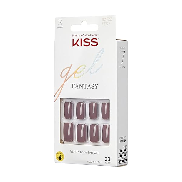 KISS GEL FANTASY READY-TO-WEAR FAKE NAILS, SHORT, SQUARE – TEMPORARY FEELS, SMUDGE PROOF, WATERPROOF, NO DRY TIME, DURABLE, FLEXIBLE, DIY MANICURE, SALON QUALITY, LONG LASTING | 28 COUNT