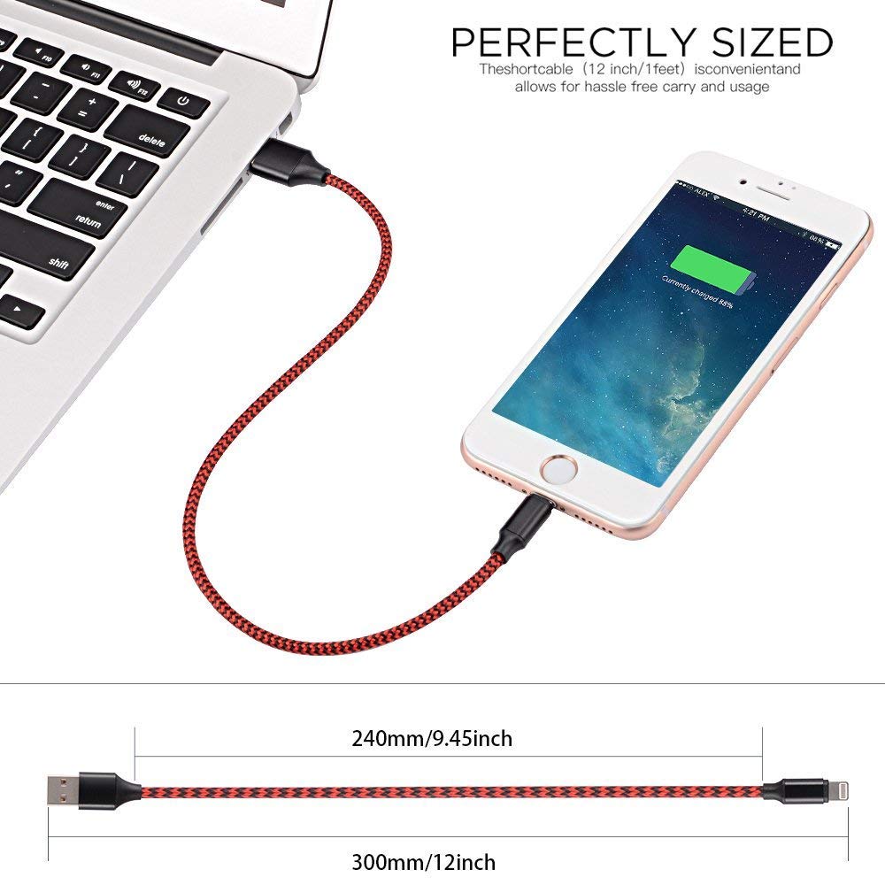 Yostyle 1ft Short Phone Charger Cable, Nylon Braided USB Charging & Syncing Cord Compatible with Phone X XS Max XR/8/8 Plus 7/7 Plus 6/6s Plus 5/5s/5c, Pad Mini/Air/Pro Pod Touch - 4Pack