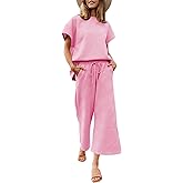 Fazortev Womens 2 Piece Outfits Sweatsuit Short Sleeve Tops and Drawstring Waist Cropped Wide Leg Pants Loungewear Sets