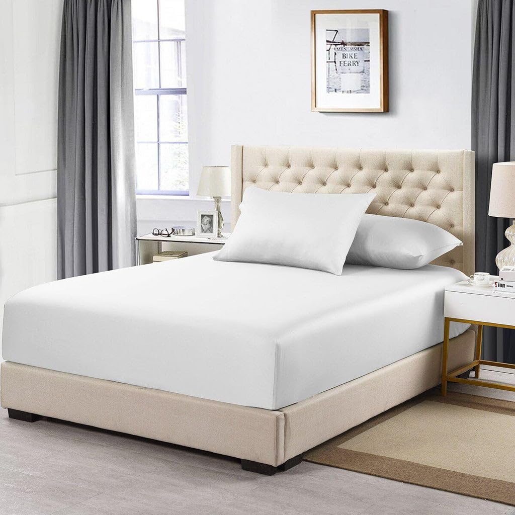 Photo 1 of Made in USA- Low Profile Fitted Sheet Only (6-10 Inches) Pure Cotton 608 Thread Count, King Size Bottom Bed Sheet, Solid White