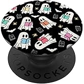 Cute Ghost Reading Books Retro Groovy Spooky Black Pattern PopSockets Adhesive PopGrip
