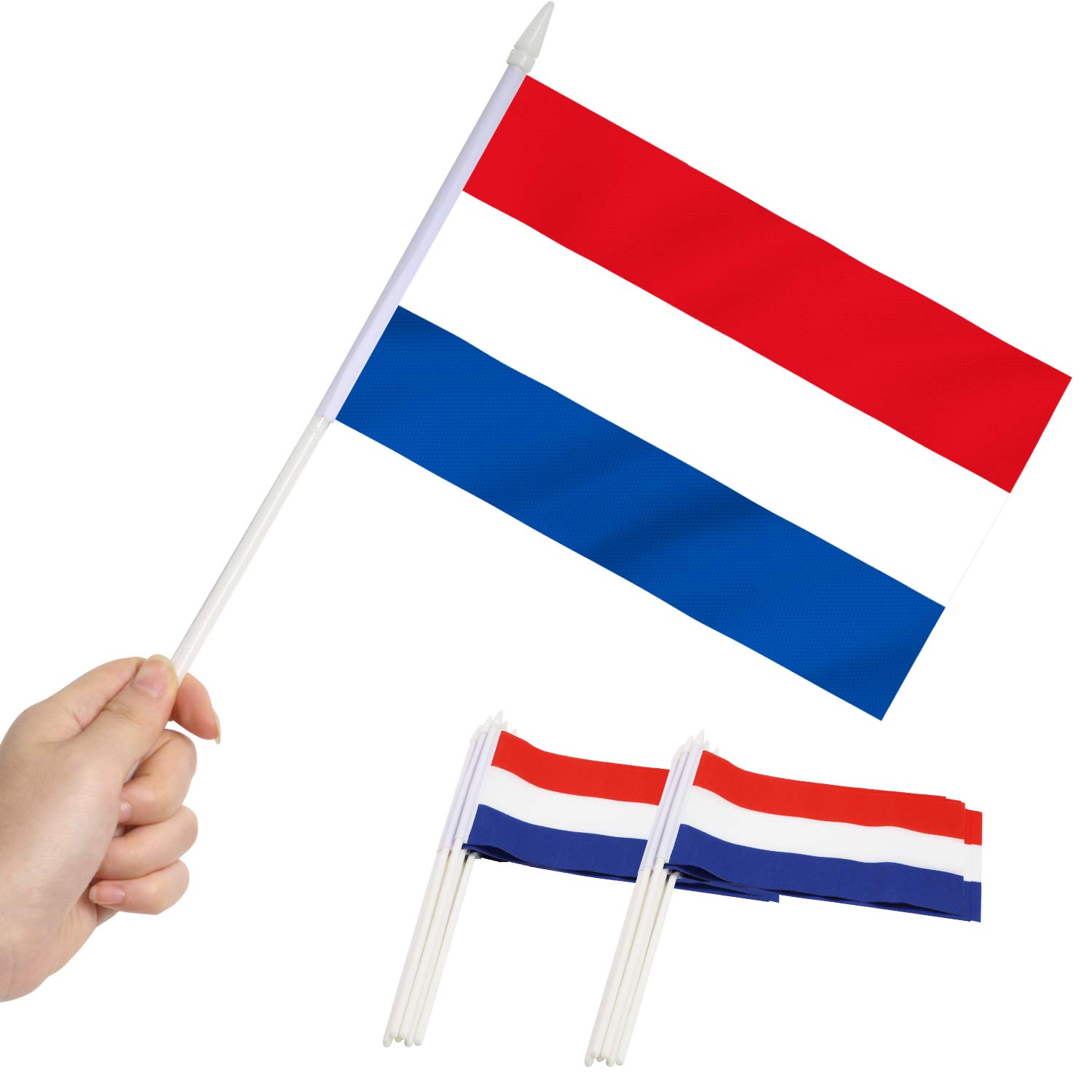 Anley Netherlands Mini Flag 12 Pack - Hand Held Small Miniature Netherlandish Flags on Stick - Fade Resistant & Vivid Colors - 5x8 Inch with Solid Pole & Spear Top