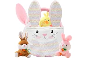 DINESIL Easter Bunny Basket Set, Easter Plush Basket with Rabbit Duck Keychains, Bunny Ears for Girls Boys Party Favors, Easter Basket Fillers, Easter Eggs Hunt, Easter Decorations Supplies